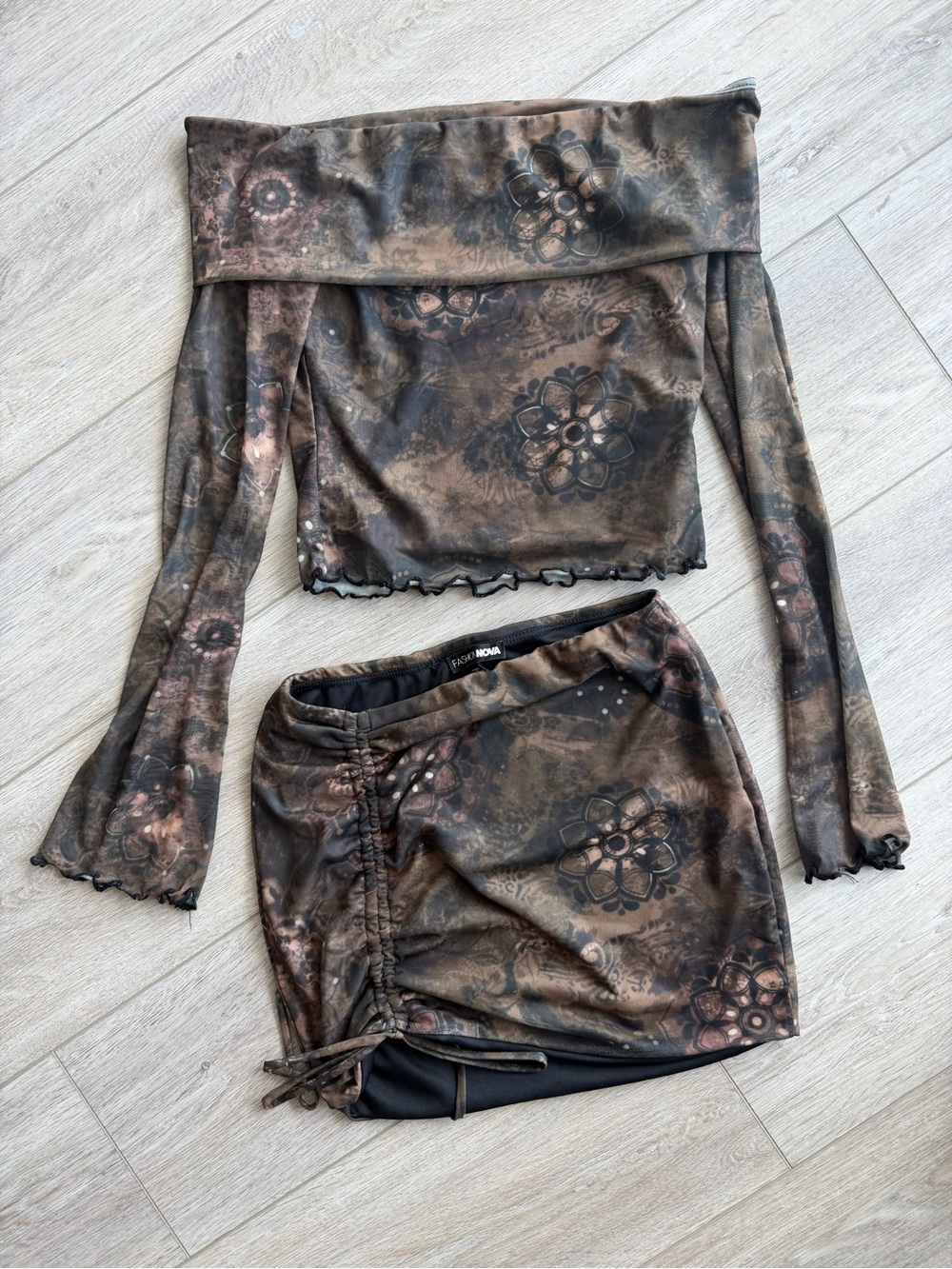 Fashion Nova Brown Floral Off-Shoulder Crop Top & Ruched Skirt Set